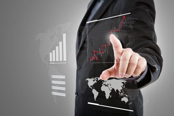 Деловой человек нажимает высокотехнологичный тип современного графа на виртуалку
