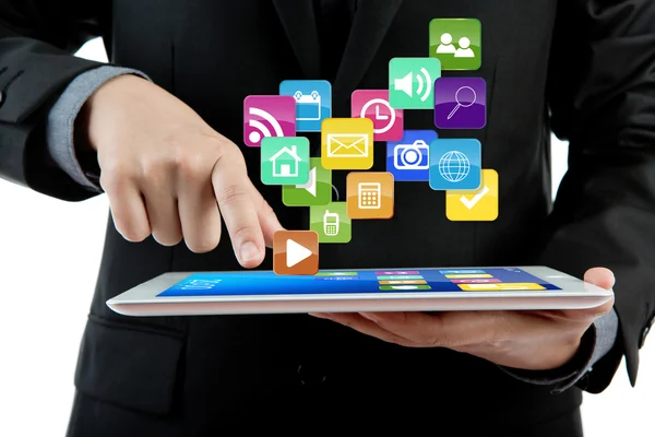 Iş adamı, renkli uygulaması ile tablet pc bilgisayar kullanma — Stok fotoğraf
