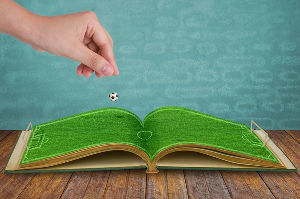 Hand drop football down to green grass book of soccer stadium — Stock Photo, Image