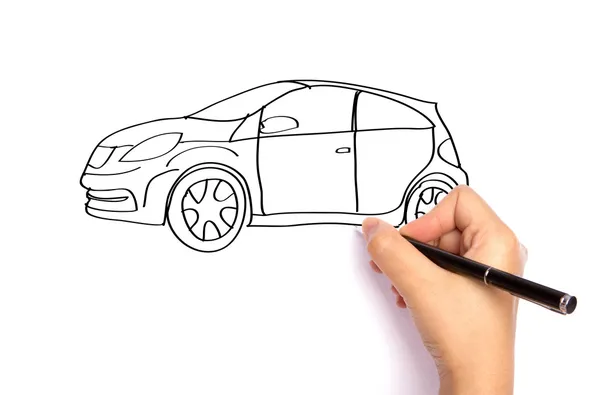 Escribir a mano coche con pluma sobre papel sobre fondo blanco —  Fotos de Stock