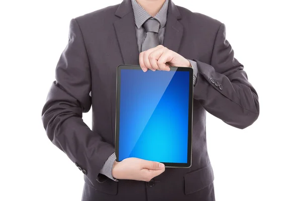 Obchodní muž drží moderní digitální počítače tablet pc — Stock fotografie