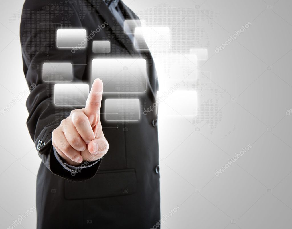 Business man pushing a button on a touch screen interface