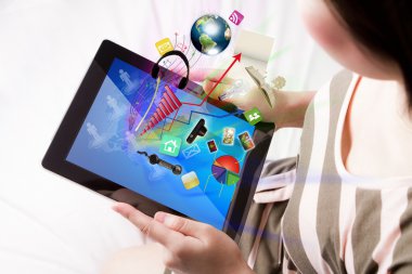 Woman reading the touch screen device (Elements of this image fu clipart