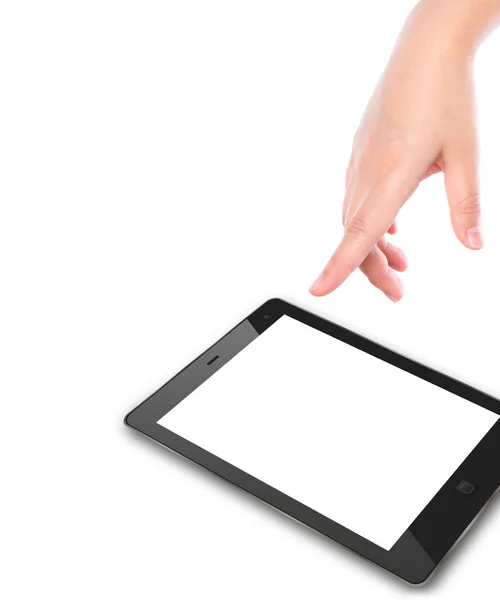 Hand zeigt auf Touchscreen-Gerät — Stockfoto