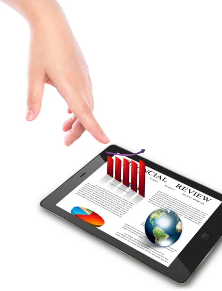Hand pointing on touch screen device with read graph and earth ( — Stock Photo, Image