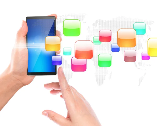 Mobile phone with colorful application icons — Stock Photo, Image