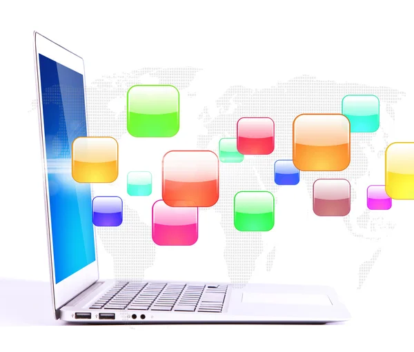 Laptop com ícones de aplicação coloridos isolados no backgro branco — Fotografia de Stock