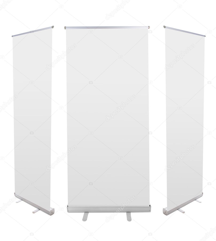 Blank roll up banner display isolated on white background