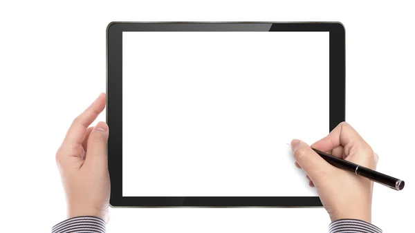 Uomo d'affari scrivere sul dispositivo touch screen — Foto Stock