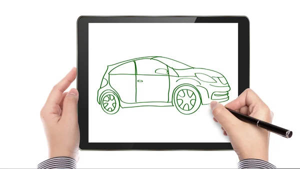 Geschäftsmann schreibt neues Auto auf Touchscreen-Gerät — Stockfoto
