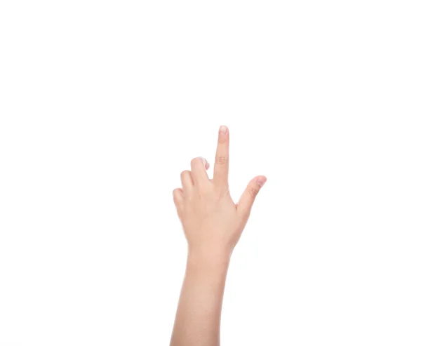 Mujer mano tocando la pantalla virtual aislada sobre fondo blanco — Foto de Stock