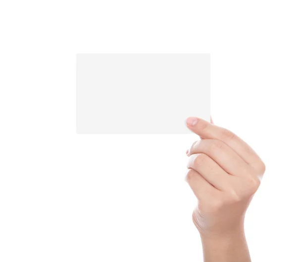 Donna mano in possesso di carta bianca biglietto da visita isolato su bianco b — Foto Stock