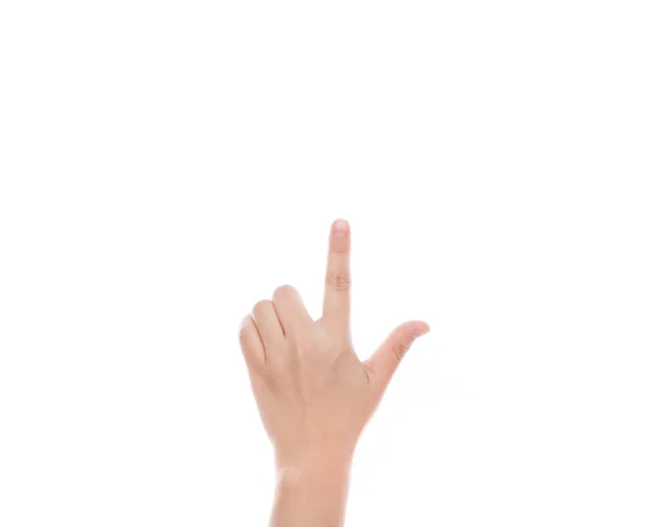 여자 손으로 흰 배경에 고립 된 가상 화면 감동 — 스톡 사진