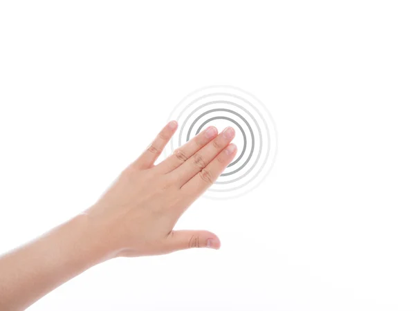 Mulheres mão usar gestos multi-touch para comprimidos ou tela sensível ao toque — Fotografia de Stock