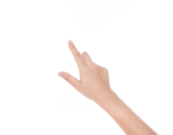女人手触摸虚拟屏幕在白色背景上孤立 — 图库照片