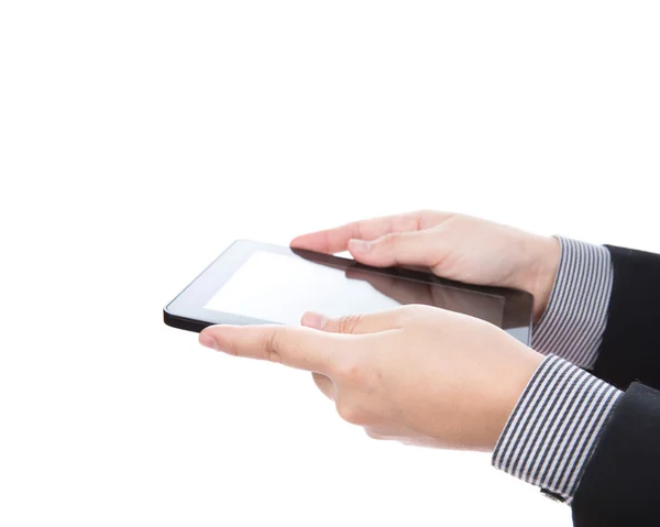 Üzleti ember használ egy érintőképernyős készülék ellen fehér háttere — Stock Fotó