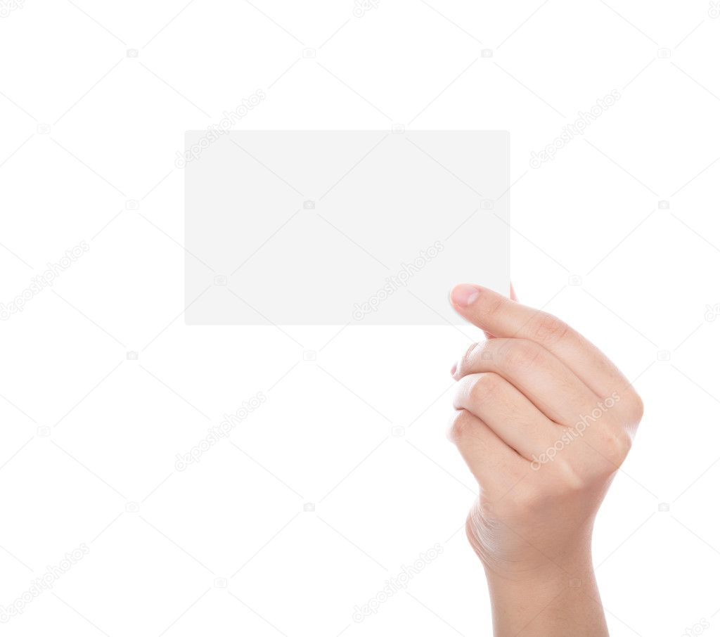 Women hand holding blank paper business card isolated on white b
