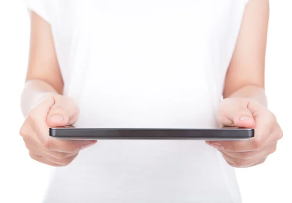 Vrouw hand met een touchscreen toestel tegen witte achtergrond — Stockfoto