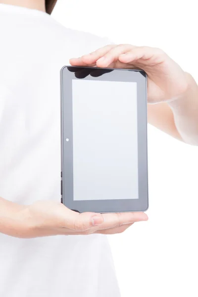 Frauenhand mit Touchscreen-Gerät vor weißem Hintergrund — Stockfoto