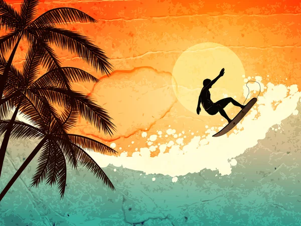 Surfer, φοίνικες και θάλασσα — Διανυσματικό Αρχείο