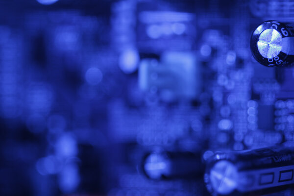 Blue toned circuit board with shallow dof