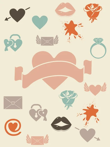 Icônes amour rétro avec bannière — Image vectorielle