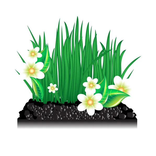 Χόρτο κήπο με λουλούδια που ανθίζουν και έδαφος — Διανυσματικό Αρχείο