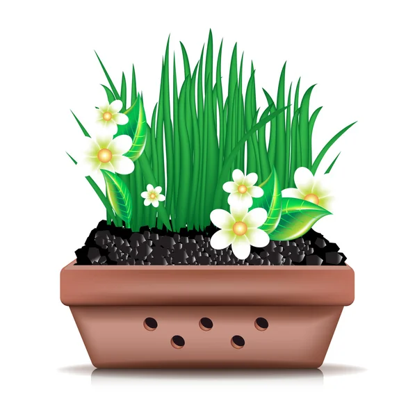Zahradní hliněný hrnec a čerstvé trávy s květinami — Stockový vektor
