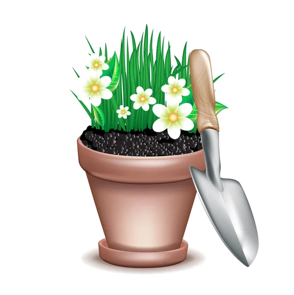 Single garden tool and pot with flower — Stock Vector