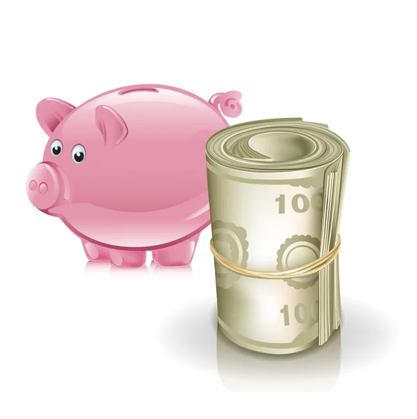 Piggy bank e rolo de dinheiro — Vetor de Stock