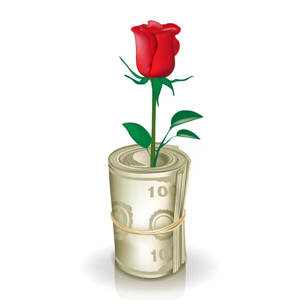 Rolo de dinheiro com rosa vermelha — Vetor de Stock
