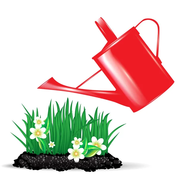 Red watering can and flowers — Stock Vector