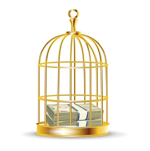 Bunt med pengar inne i gyllene fågelbur — Stock vektor