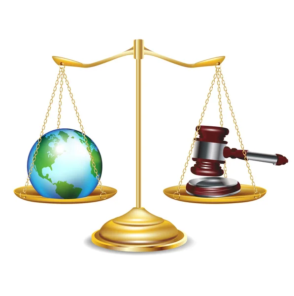 Golden scales with earth globe and gavel — Stock Vector