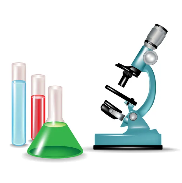 Microscópio e substâncias químicas recipientes de vidro —  Vetores de Stock