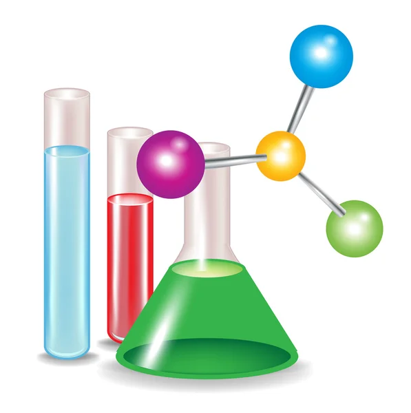 Moléculas abstractas y envases de sustancias químicas — Vector de stock