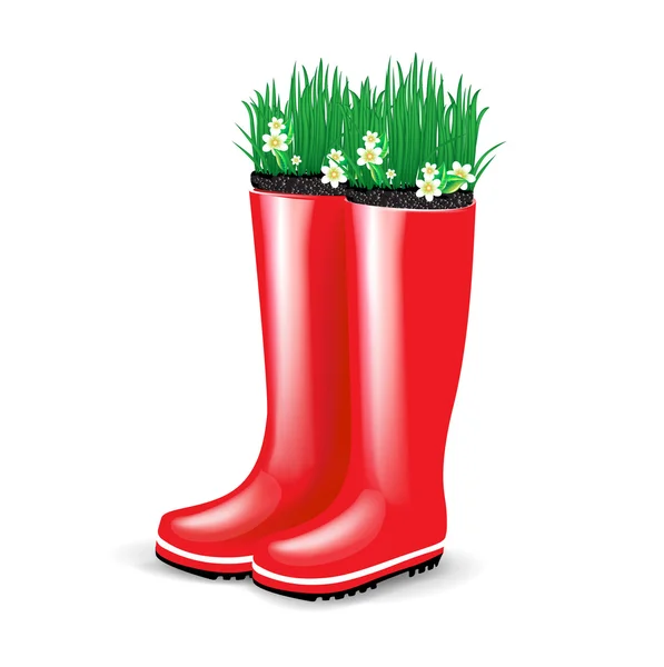 Red rubber boots with grass and flowers blooming — Stock Vector