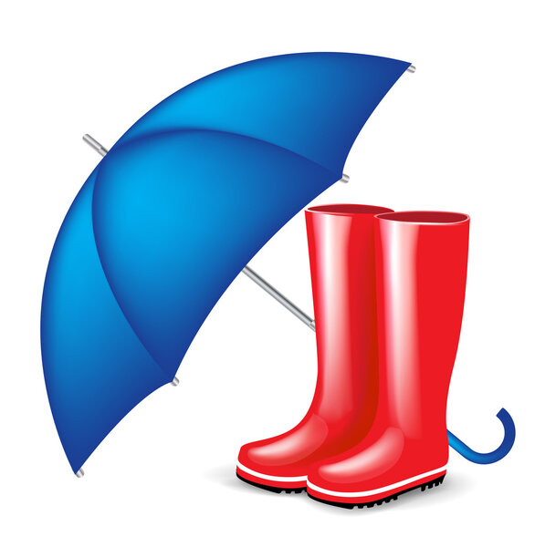 Red rubber boots with blue umbrella