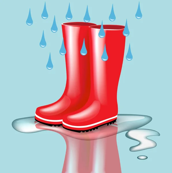 Red rubber boots with rain drops and splash — Stock Vector