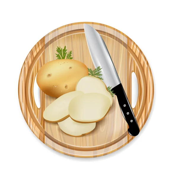 Дерев'яна дошка з картоплею і ножем — стоковий вектор