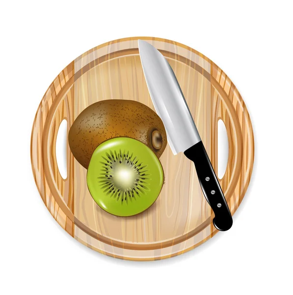 Дерев'яна дошка з фруктами та ножем ківі — стоковий вектор