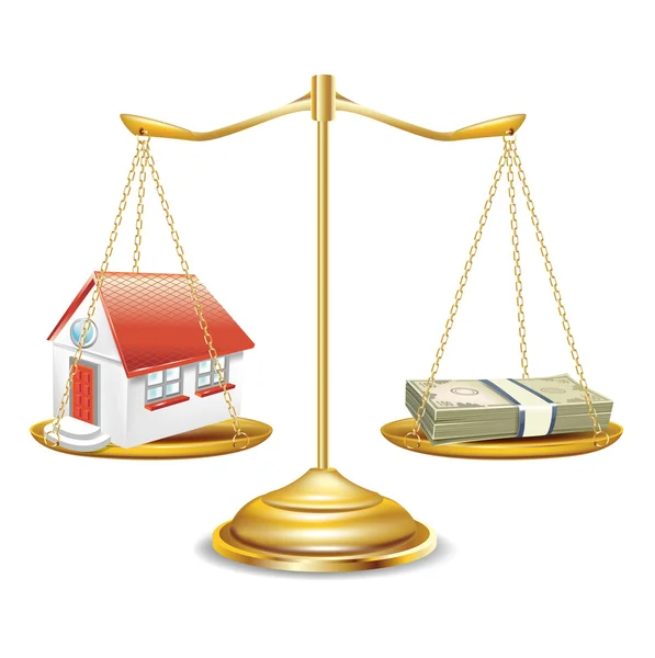 Gyllene skalor med hus och pengar stack — Stock vektor
