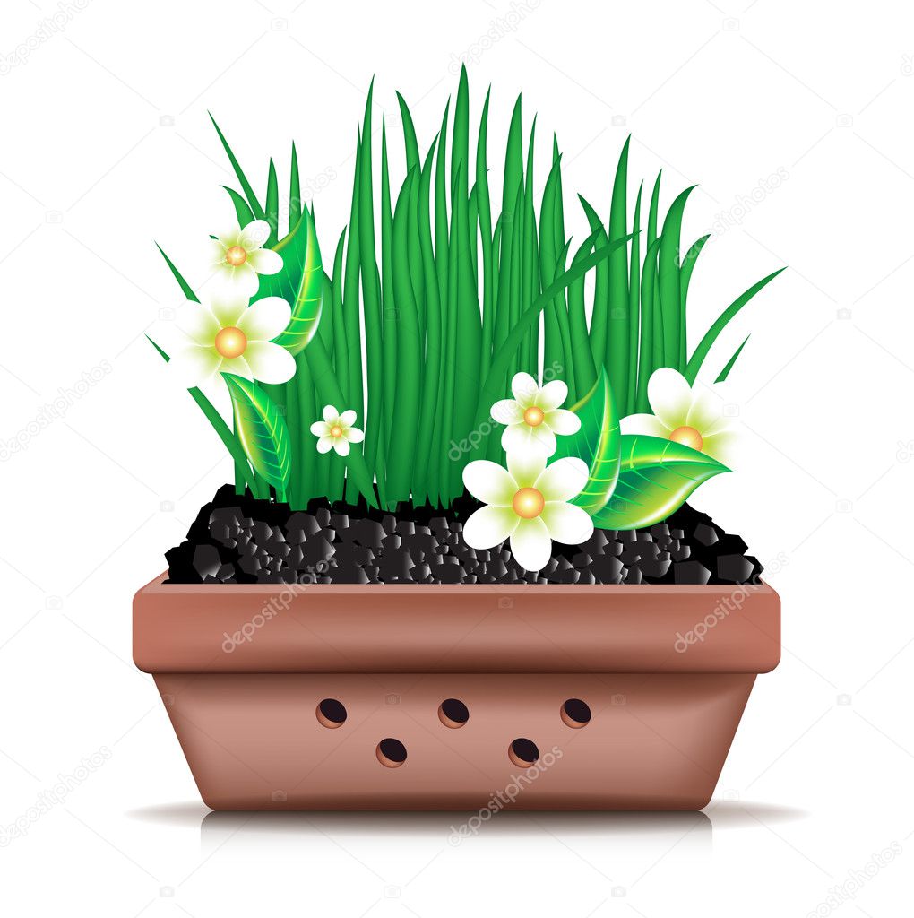 Garden clay pot and fresh grass with flowers