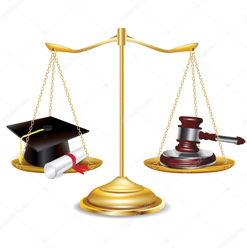 Golden scales with gavel and graduation cap