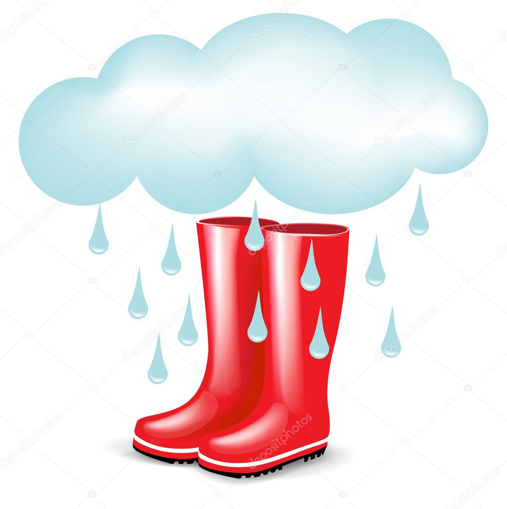 Red rubber boots with rainy cloud