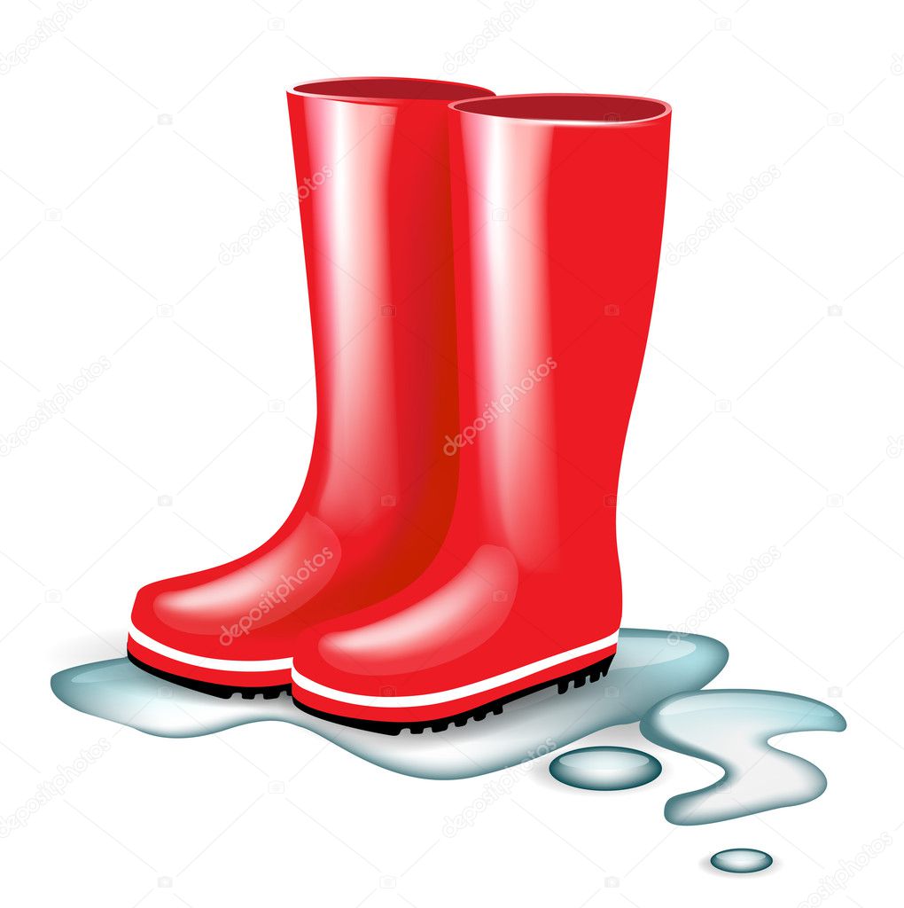 Red rubber boots in splash of water