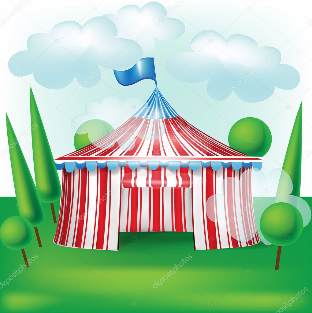 Circus tent on grass background