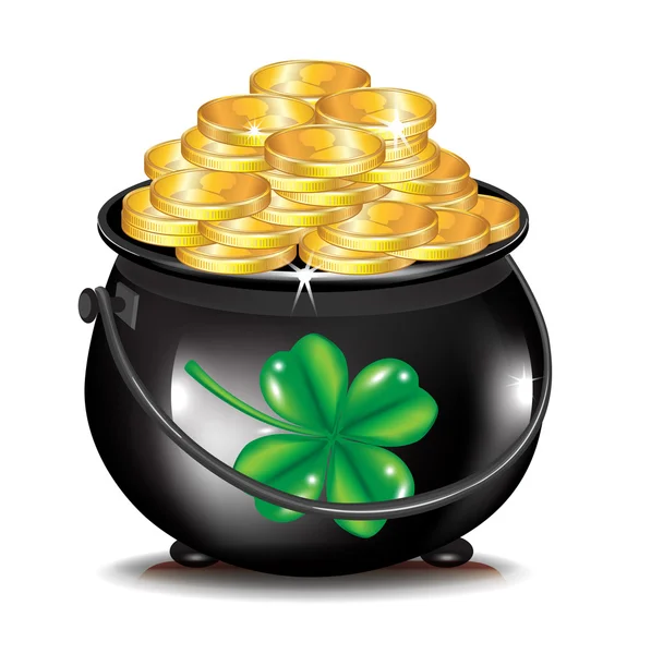 Golden coins in black pot and clover — Stock Photo, Image