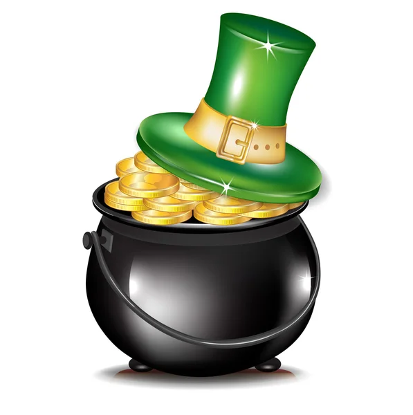 Złote monety w czarny garnek i kapelusz — Zdjęcie stockowe