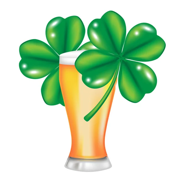 Glass of beer and four leaf clover — Stock Photo, Image